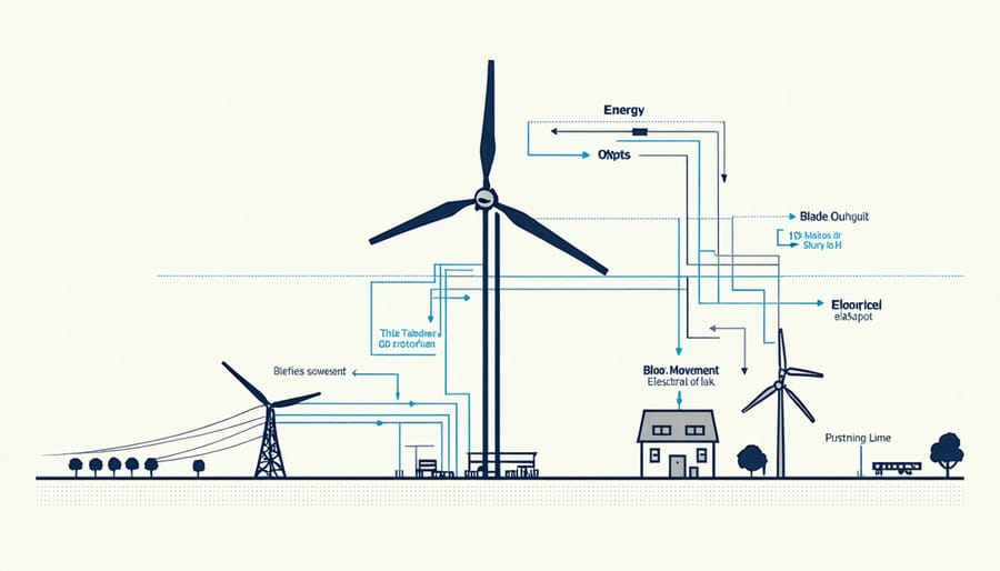 Cross-sectional diagram of wind turbine mechanics showing kinetic energy conversion process