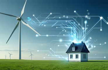 Conceptual illustration showing a modern wind turbine with dynamic lines representing energy flow being converted into electricity for a suburban home, symbolizing energy independence.