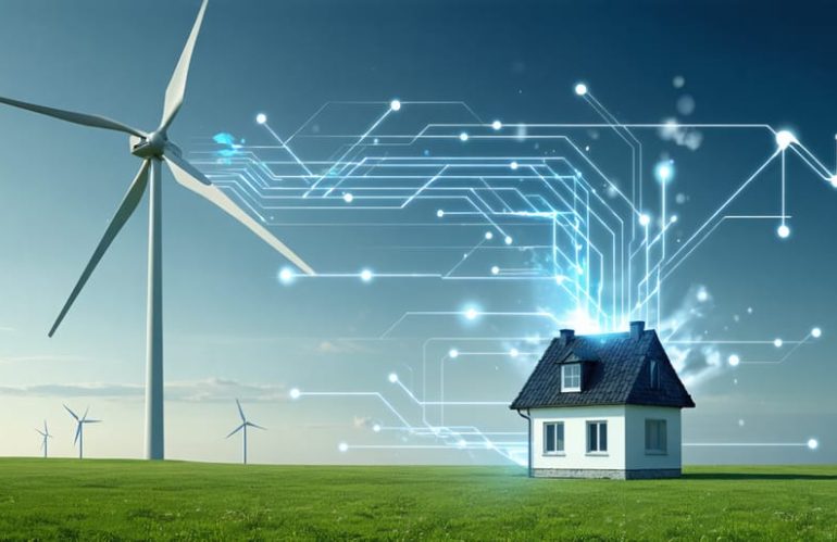 Conceptual illustration showing a modern wind turbine with dynamic lines representing energy flow being converted into electricity for a suburban home, symbolizing energy independence.