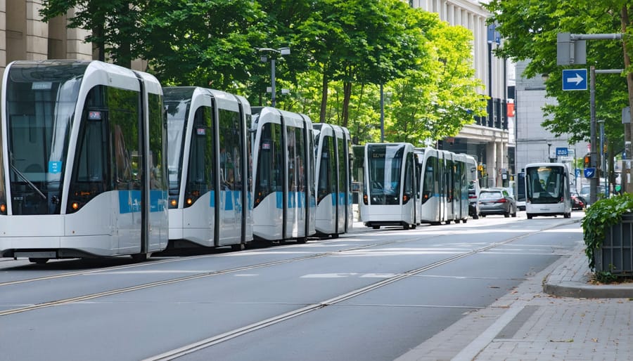 City street with electric buses, cars, bikes, and scooters using charging infrastructure