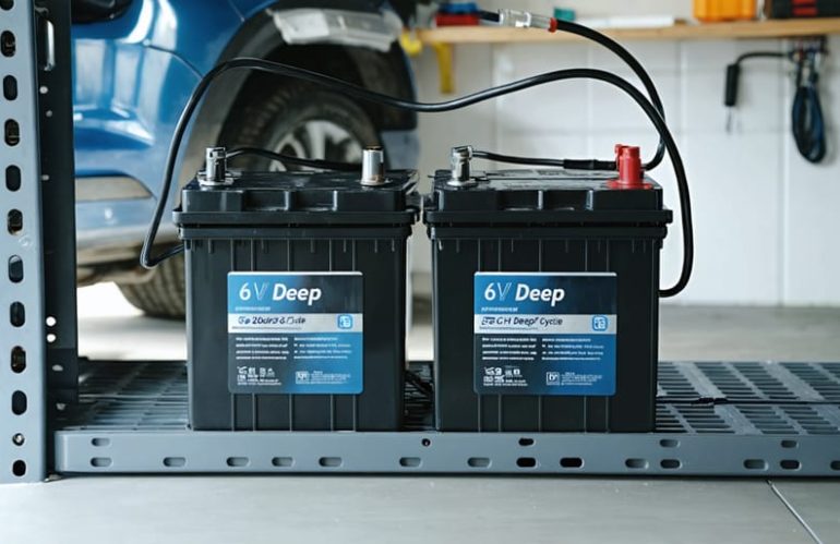 Two unbranded 6-volt deep-cycle batteries wired in series on a shelf in a coastal garage, clean corrosion-protection caps on terminals, soft natural light, with a blurred view of rooftop solar panels and the ocean horizon behind.