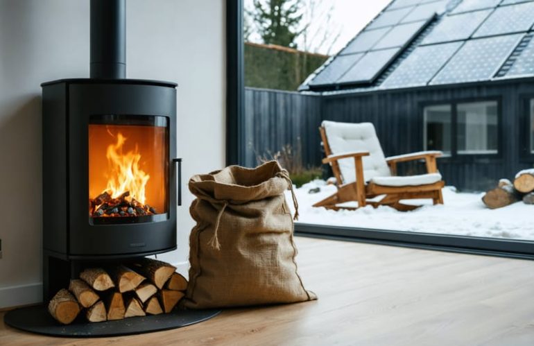 Modern living room with a glowing pellet stove and a burlap sack of wood pellets, with rooftop solar panels visible through a large window overlooking a snow-dusted yard.