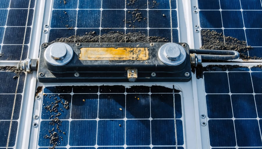 Close-up of corroded battery terminals showing salt buildup and oxidation damage