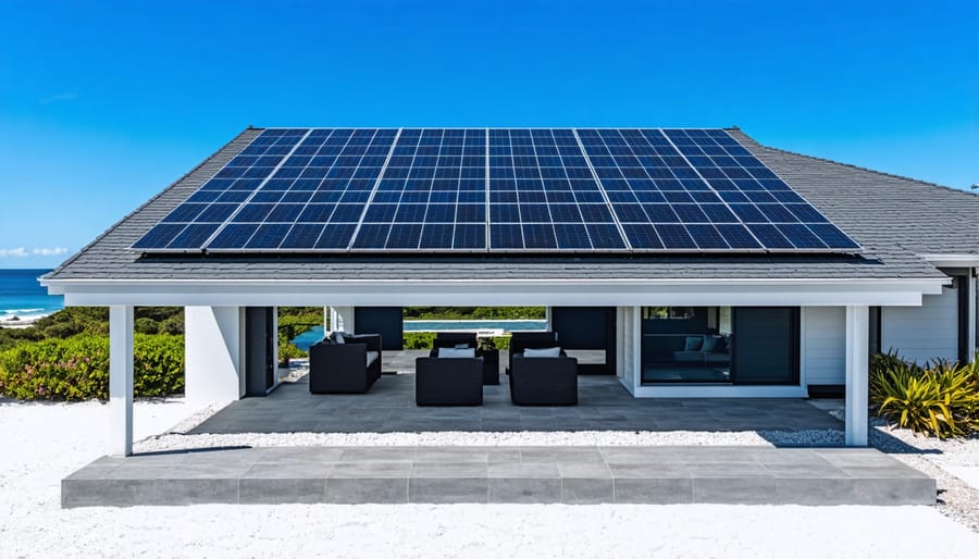 Coastal home with solar panel system and battery storage installation near ocean