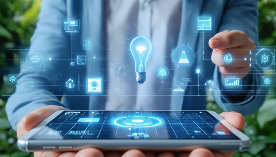 Homeowner using smartphone app to monitor home energy system in modern kitchen