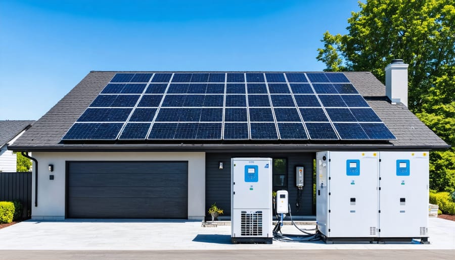 Family using solar-powered home energy system during evening hours