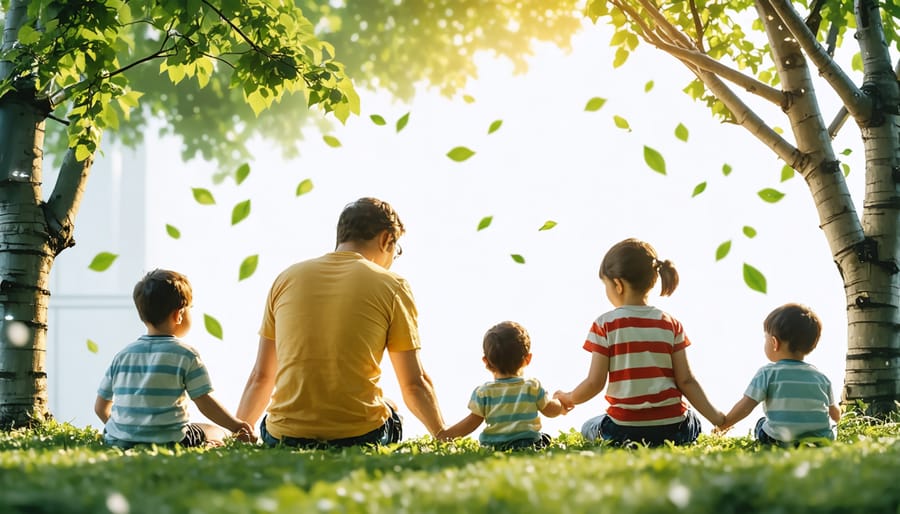 Family going about daily activities while smart home systems optimize energy usage