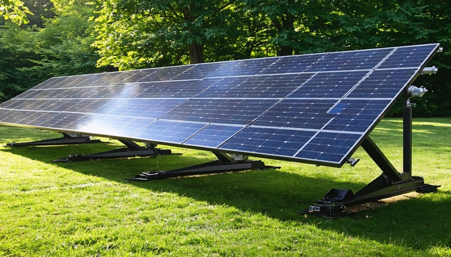 Ground-mounted solar panels on adjustable frame in residential backyard