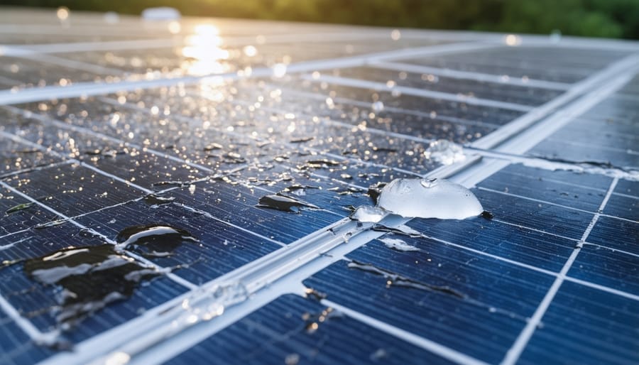 Damaged solar panel with visible cracks from hail impact on residential roof