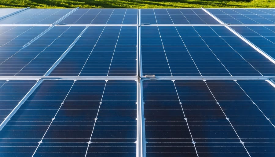 Close-up detail of solar panel showing half-cut cell technology with divided cell structure