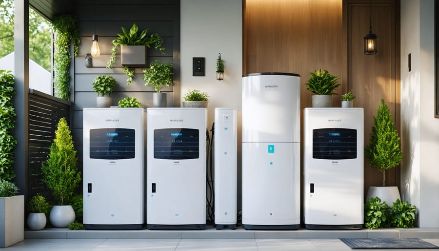 Modern home battery energy storage system mounted on residential garage wall