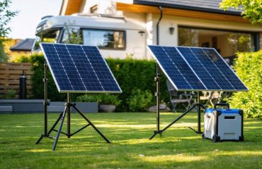 Eye-level wide shot of folding solar panels on stands connected to a compact wheeled power station in a sunny suburban backyard, warm golden-hour light, with a house, patio, and softly blurred camper van in the background, no visible logos or text.