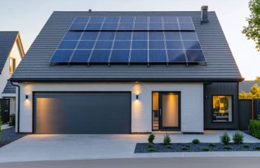 Bifacial solar panels on a modern suburban roof with a wall-mounted home battery at golden hour, photographed from a slight low angle with softly blurred neighboring houses and trees in the background.