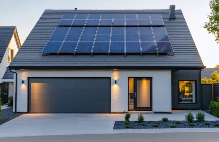 Bifacial solar panels on a modern suburban roof with a wall-mounted home battery at golden hour, photographed from a slight low angle with softly blurred neighboring houses and trees in the background.
