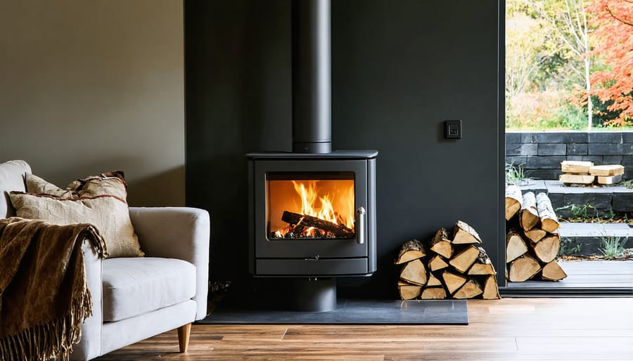 Contemporary pellet stove with visible flames burning wood pellets in residential setting