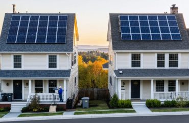 Two neighboring suburban houses with rooftop solar panels; one has a simple uniform array while the other has split arrays around dormers and vents with installers on ladders, under warm late-day light.