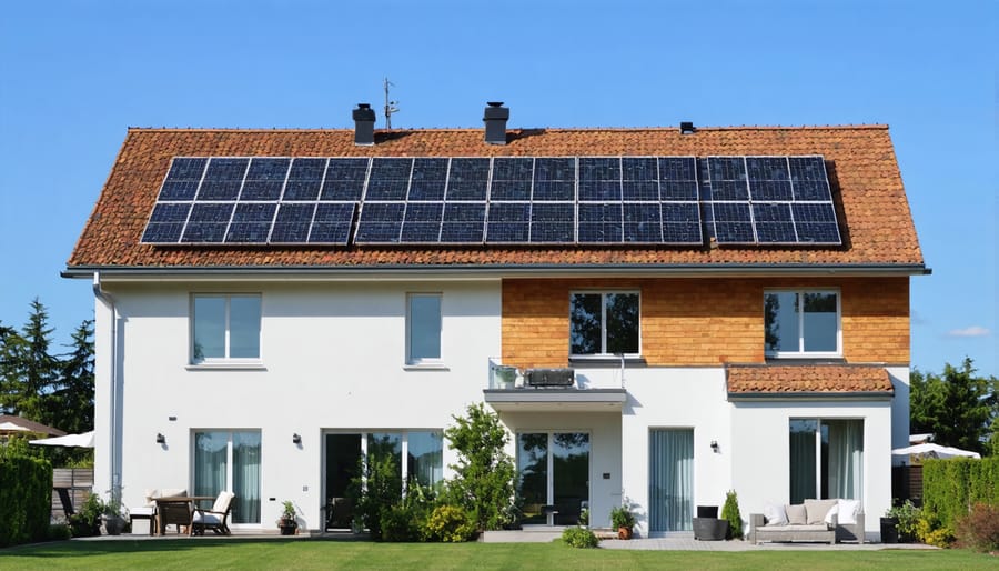 Two suburban houses side by side, both equipped with rooftop solar panel installations
