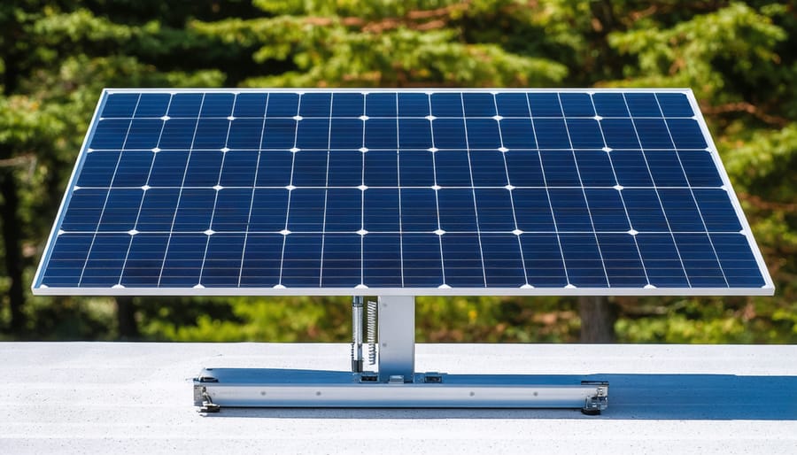 Portable solar panel array on adjustable frame positioned on residential lawn
