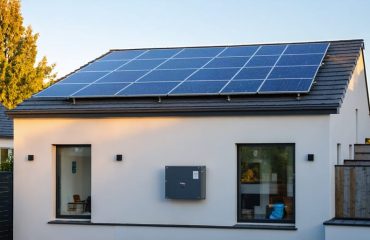 Eye-level photo of a modern suburban house with rooftop solar panels and a wall-mounted battery storage unit, lit by golden hour sunlight, with softly blurred trees and neighborhood in the background.