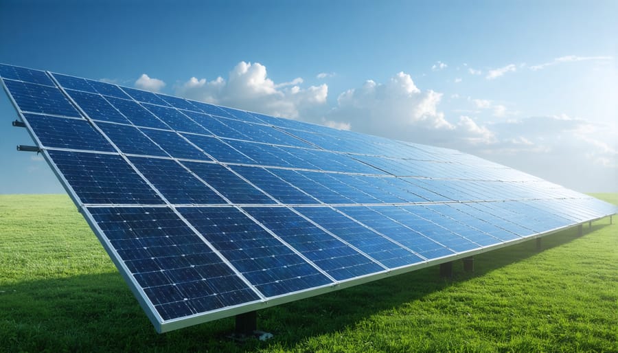 Solar panels installed on residential home rooftop under clear blue sky
