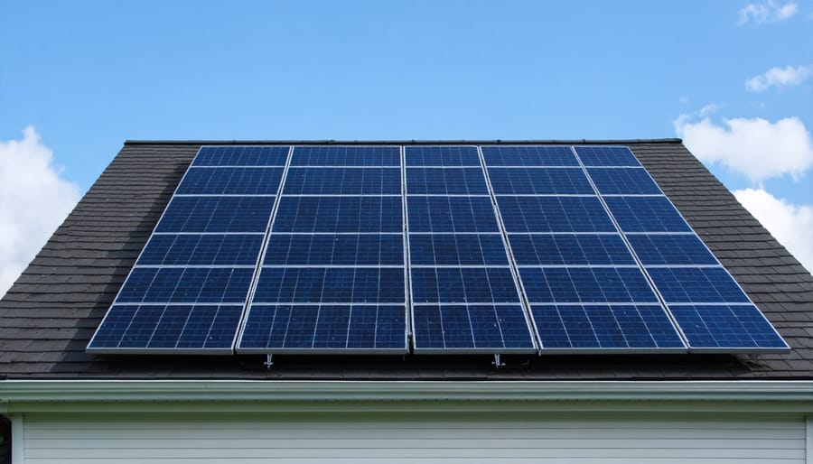 Aerial view of suburban neighborhood with solar panels installed on multiple residential rooftops