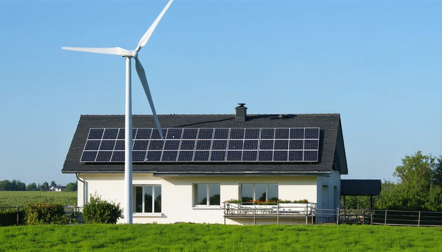Residential wind turbine mounted on suburban home roof alongside solar panels