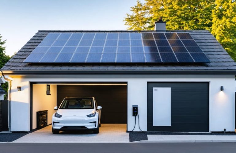 Modern suburban house with rooftop solar panels, a wall-mounted battery unit by the garage, and a white electric car charging in the driveway at golden hour.