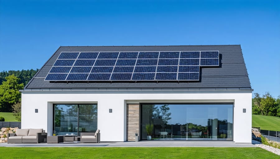 Residential home with solar panels on roof and battery storage unit on exterior wall