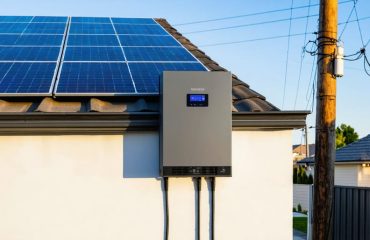 Modern smart solar inverter and wall-mounted home battery on a residential exterior with rooftop solar panels, with blurred utility pole and power lines in the background during warm afternoon light.