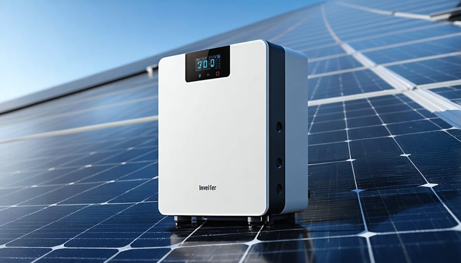 Modern solar inverter unit mounted on residential home exterior wall