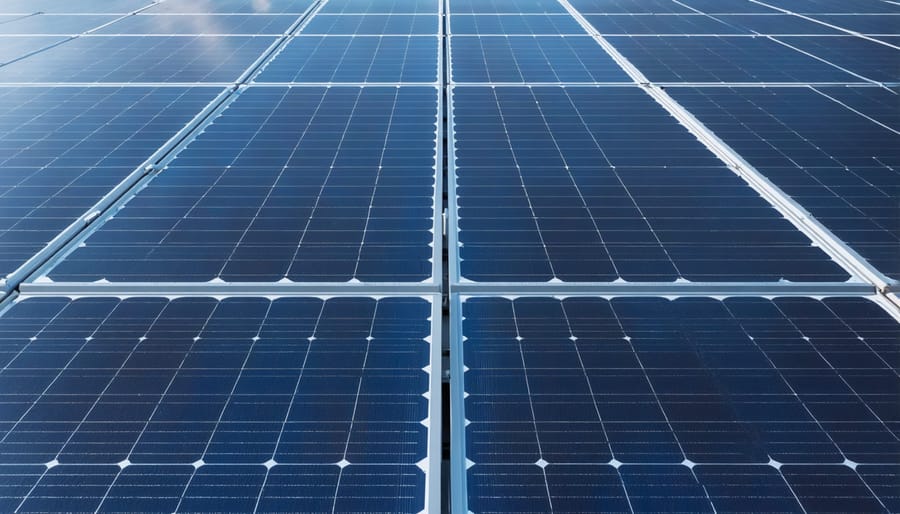 Solar panels on residential roof with battery storage unit mounted on home exterior wall