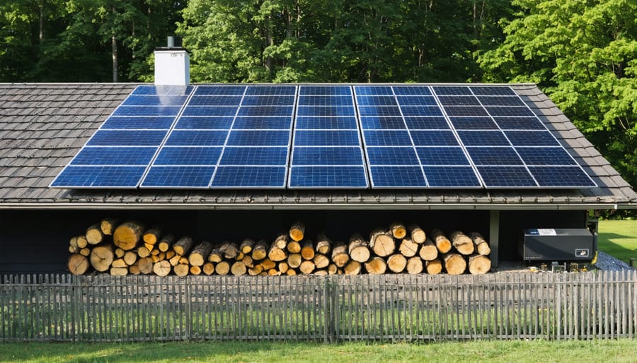 Modern home with solar panels on roof illuminated during evening hours