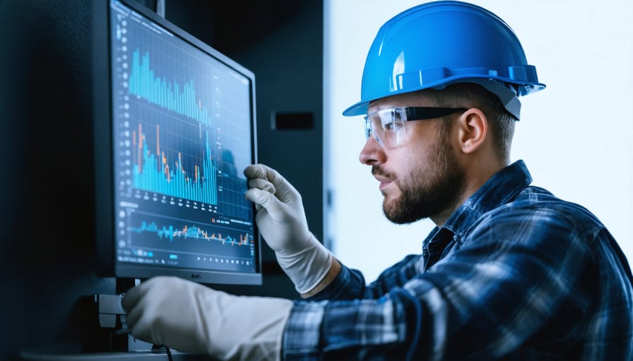 Technician's hands using digital multimeter to test solar panel electrical connections