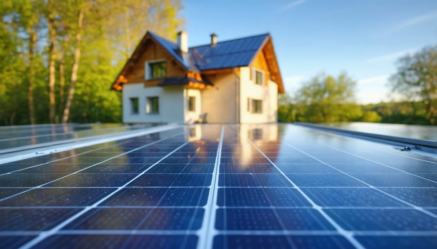 Solar panels in natural setting with green forest landscape in background