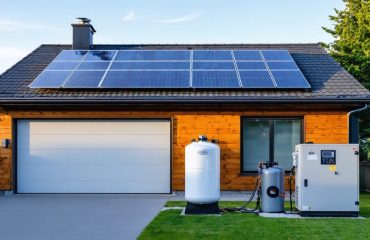 Modern suburban house with rooftop solar panels, two white hydrogen storage cylinders, and a compact electrolyzer/fuel-cell cabinet near the garage at sunset