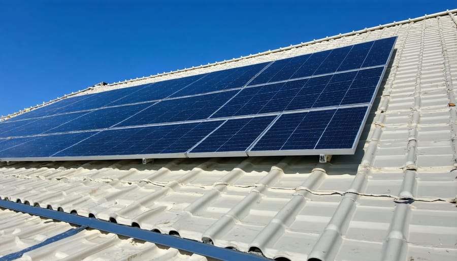 Solar panel installer working on mounting equipment on residential rooftop