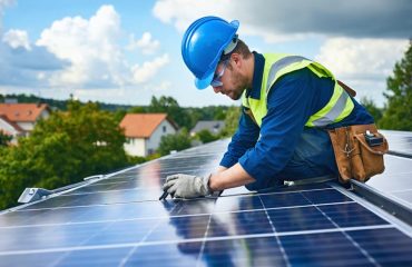 Maintenance technician in hard hat inspecting residential rooftop solar panels with a handheld device under partly cloudy sky, with suburban homes and trees softly visible in the background.