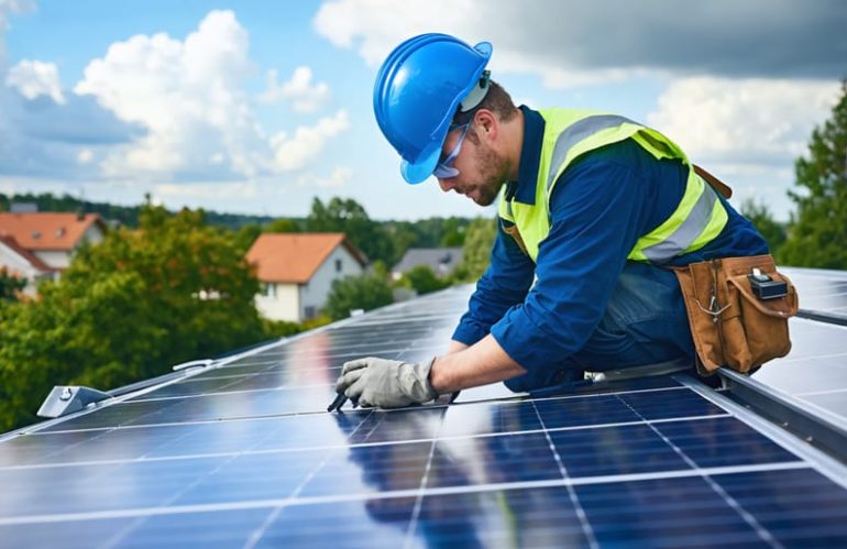 Maintenance technician in hard hat inspecting residential rooftop solar panels with a handheld device under partly cloudy sky, with suburban homes and trees softly visible in the background.