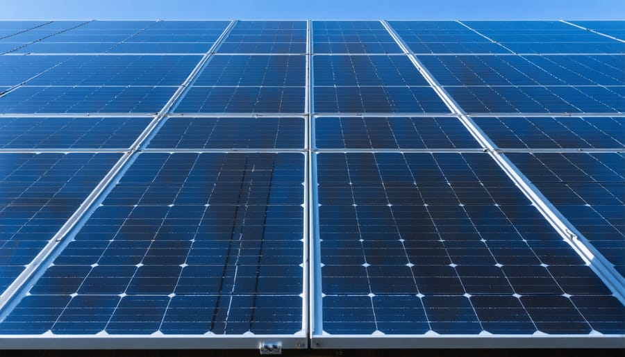 Solar maintenance technician inspecting and documenting solar panel system on rooftop