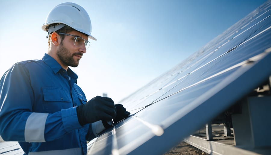 Team of solar O&M professionals collaborating and reviewing work plans at installation site