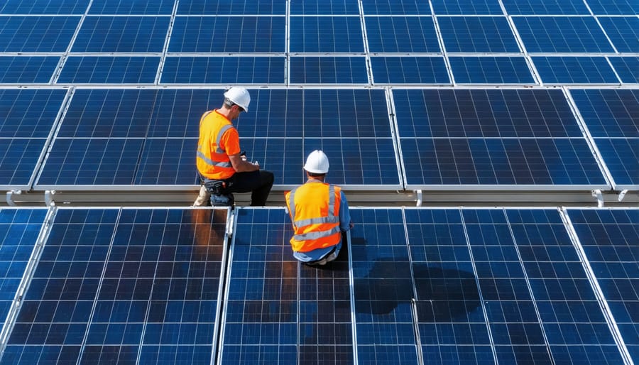 Solar technician in safety vest inspecting rooftop solar panels with diagnostic tools