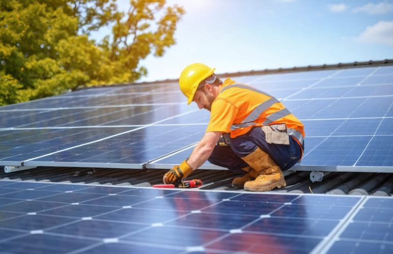 Residential solar O&M technician wearing safety vest and hard hat kneeling on a rooftop beside photovoltaic panels, checking electrical connections with hand tools in warm side light; suburban rooftops and trees in the background.