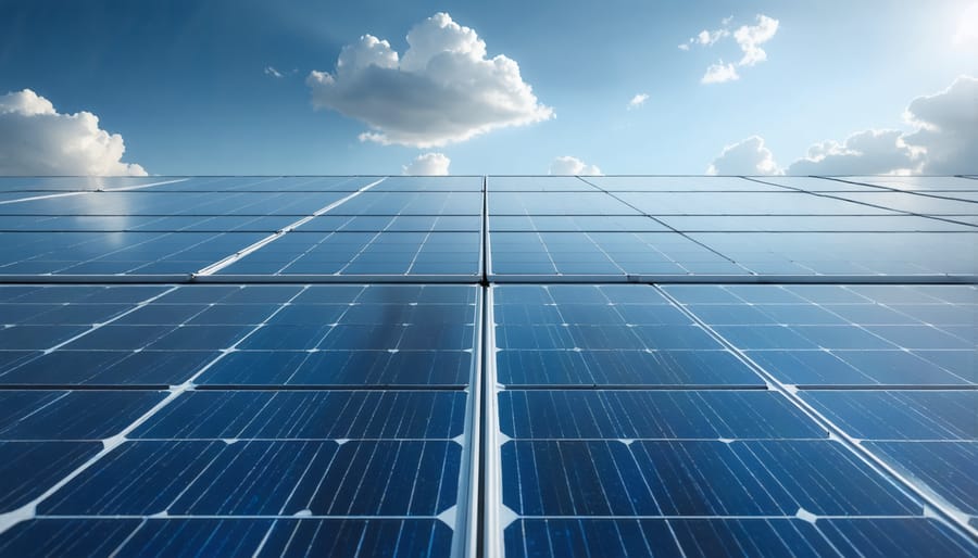 Home with solar panels under partly cloudy sky with sunbeams breaking through clouds