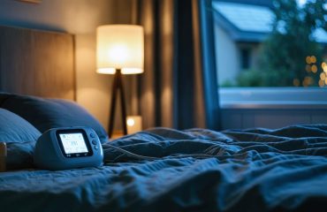 Nighttime bedroom with a CPAP machine on a nightstand in focus as an adult sleeps; through the window, rooftop solar panels and a wall‑mounted home battery are visible, conveying uninterrupted power for medical equipment.