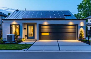 Modern suburban house at blue hour with rooftop solar panels, a wall-mounted home battery and EV charger by the garage, warm interior lights on, and neighboring houses and trees softly fading in the background
