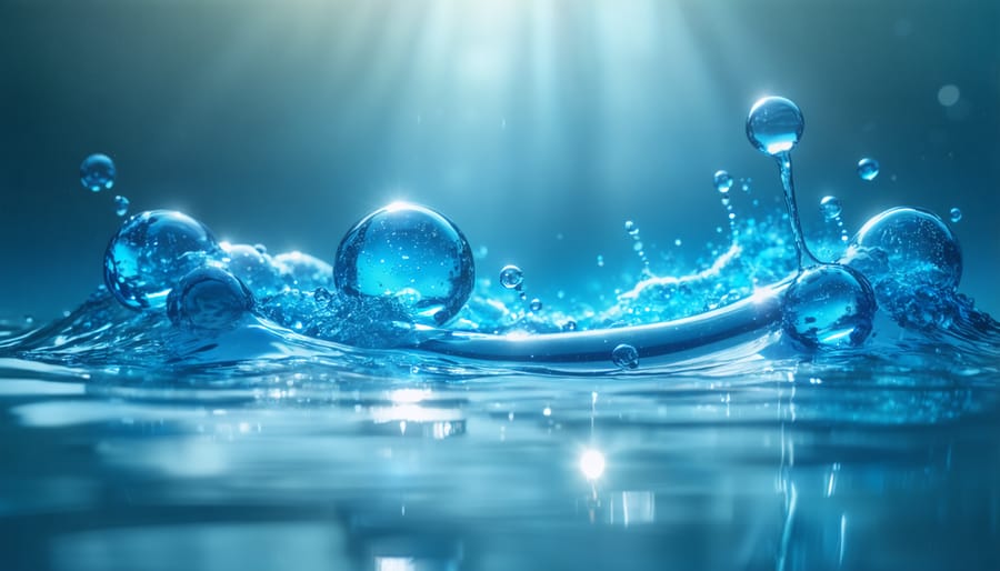 Water electrolysis process showing hydrogen and oxygen bubbles forming in clear container