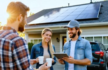 Solar installer holding a tablet talks with a casually dressed couple in front of their home, rooftop solar panels visible, in warm morning light with a relaxed weekend vibe.