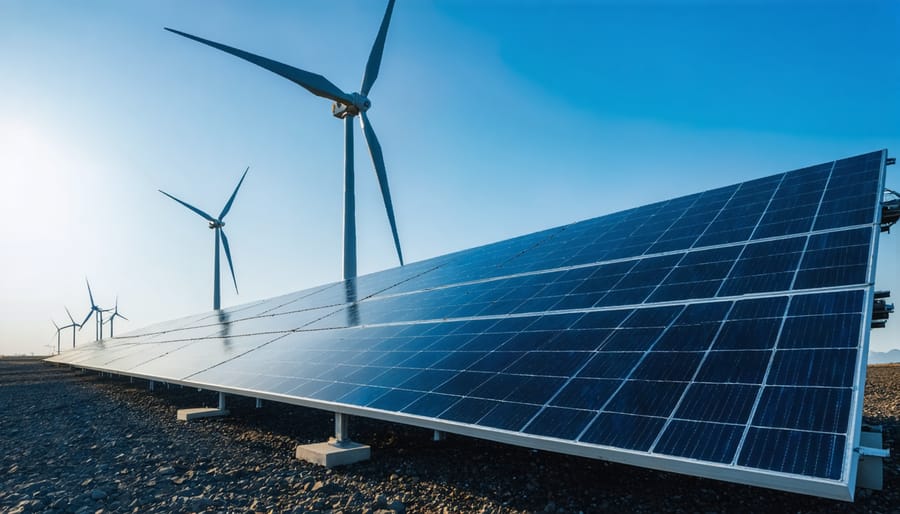 Wind turbines and solar panels installed together at dusk showing complementary renewable energy systems