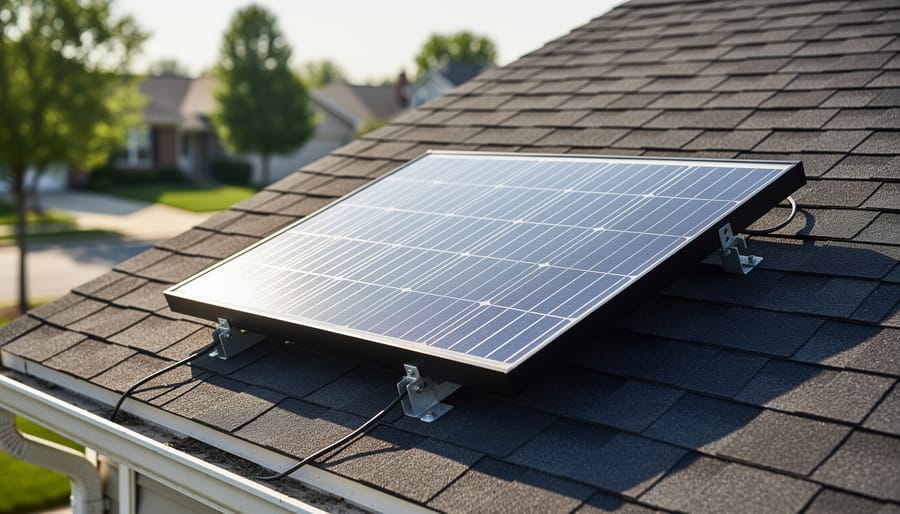Single 100-watt solar panel mounted on residential rooftop with suburban homes in background