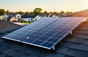 Single 100-watt solar panel on an asphalt-shingle suburban rooftop at golden hour, viewed from a low angle with softly blurred houses and trees in the background